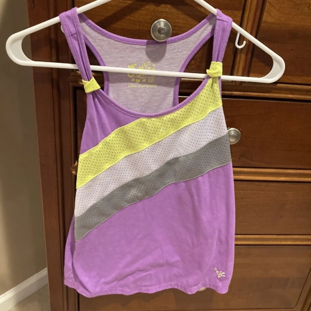 Justice girls racer back tanktop, bring purple, yellow, white, size 10, cute!